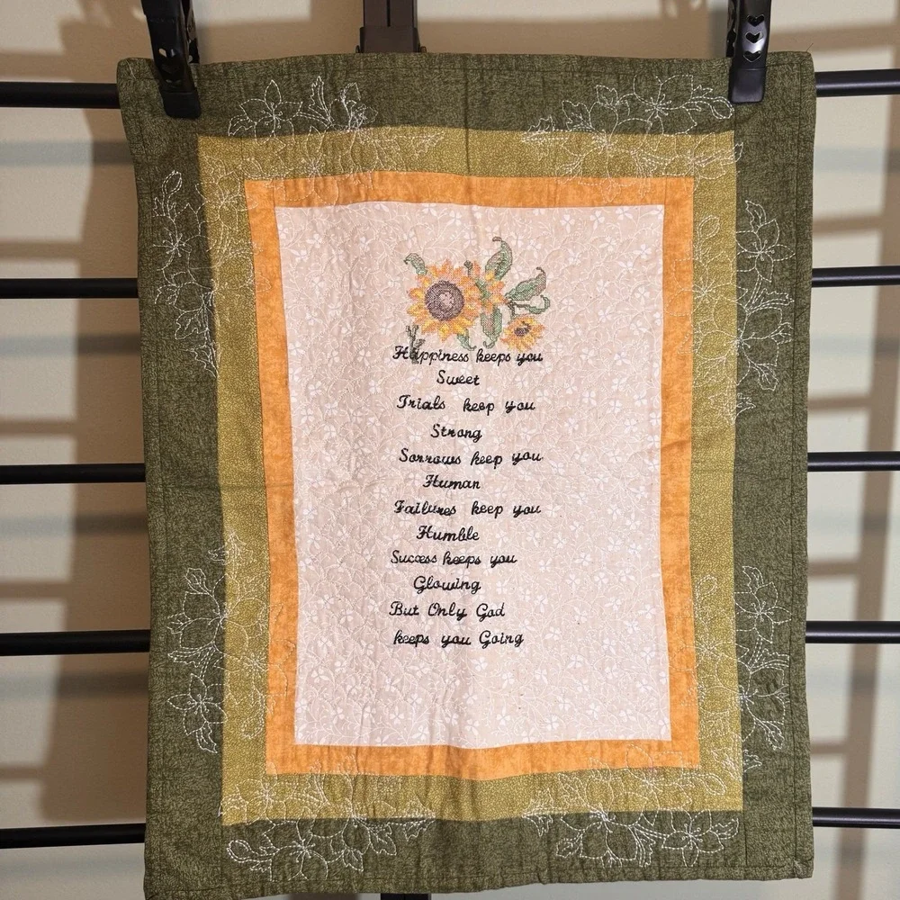 Vintage Quilt Hanging With Christian Saying Handmade Floral Embroidery 27 X 22